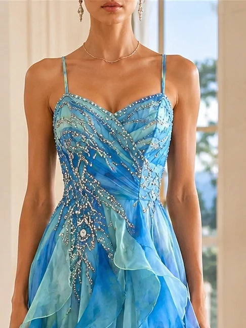 Beaded Bodice Ombre Organza Slit Gown