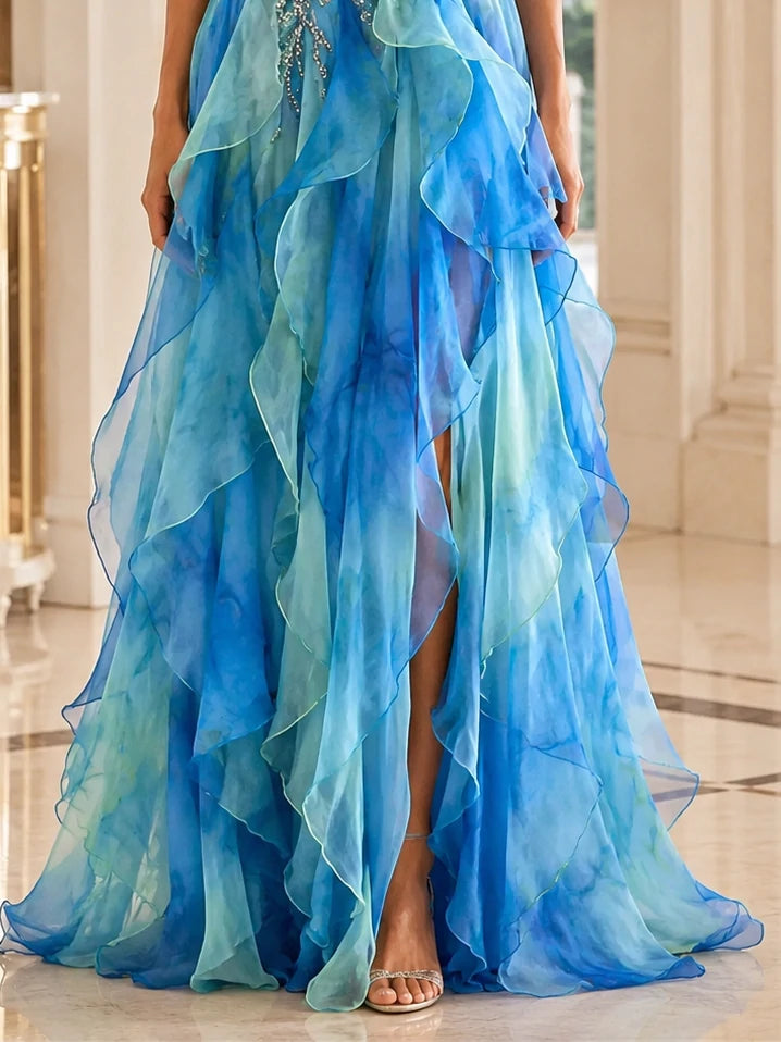 Beaded Bodice Ombre Organza Slit Gown