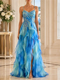 Beaded Bodice Ombre Organza Slit Gown