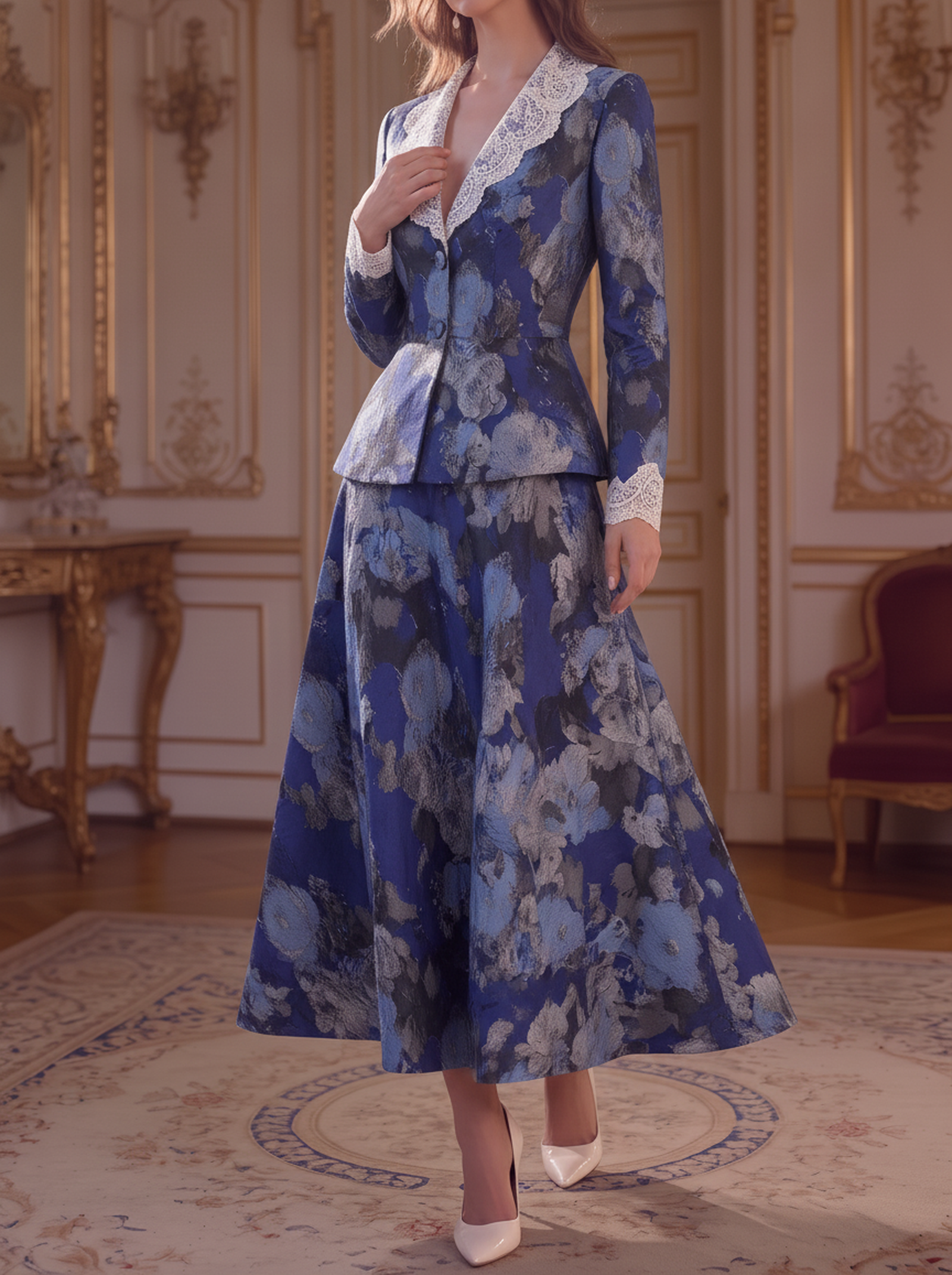 Blue Floral Lace Peplum Suit Set