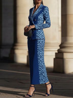 Blue Leopard Print Double-Breasted Skirt Set