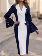 Navy White Wrap Bell Sleeve Dress