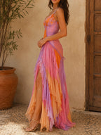 Color Block Ruffle Chiffon Slit Maxi Dress