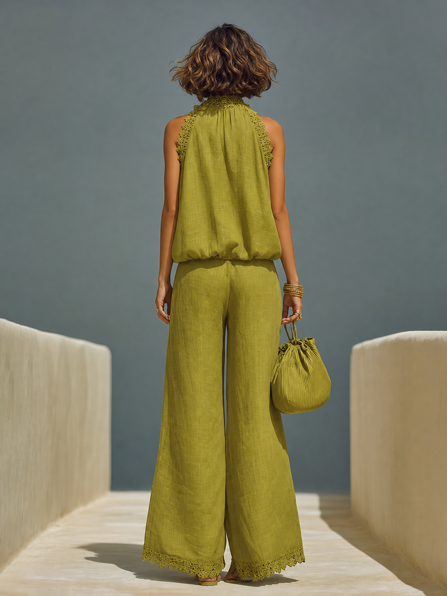 Elegant Vacation Lace-trimmed Halter Top And Wide-leg Pants Set