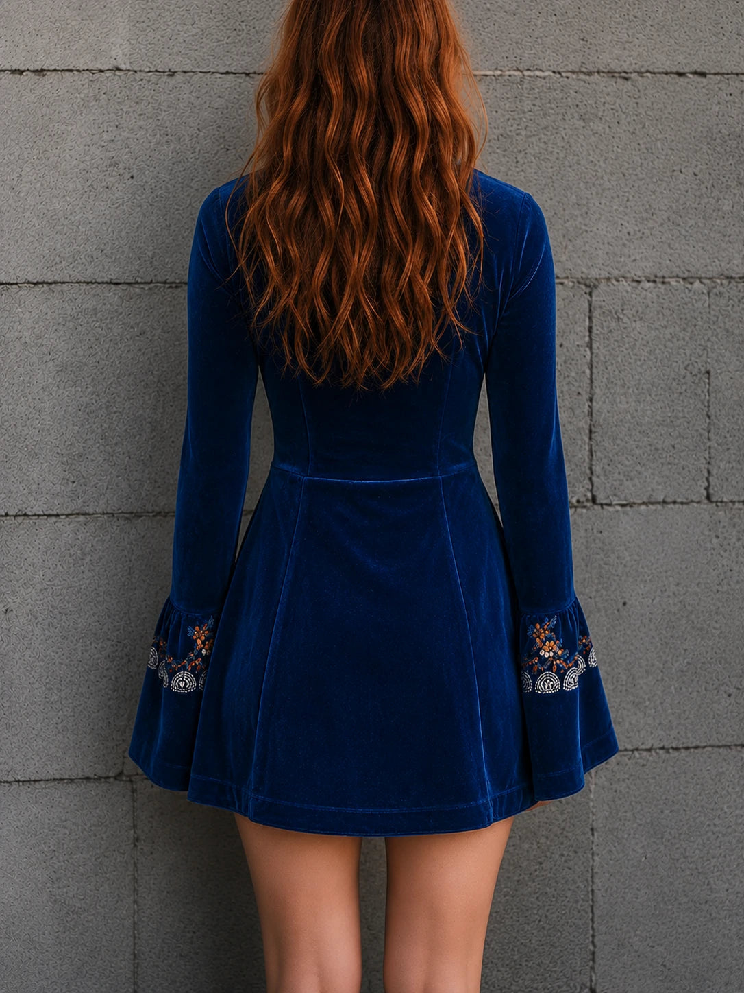 Blue Velvet Embroidered Mini Dress