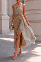 Khaki Color Block One Shoulder Gold Floral Embroidery High Slit Midi Evening Dress