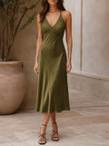 Embroidered Lace Bodice Satin Halter Midi Dress