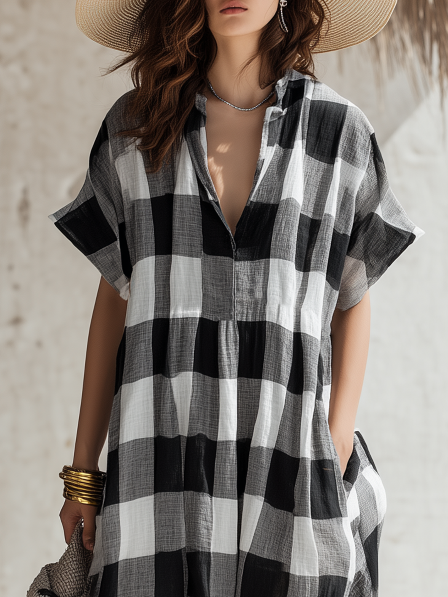 Simple Casual Short-Sleeve Black White Plaid Cotton-Linen Maxi Dress