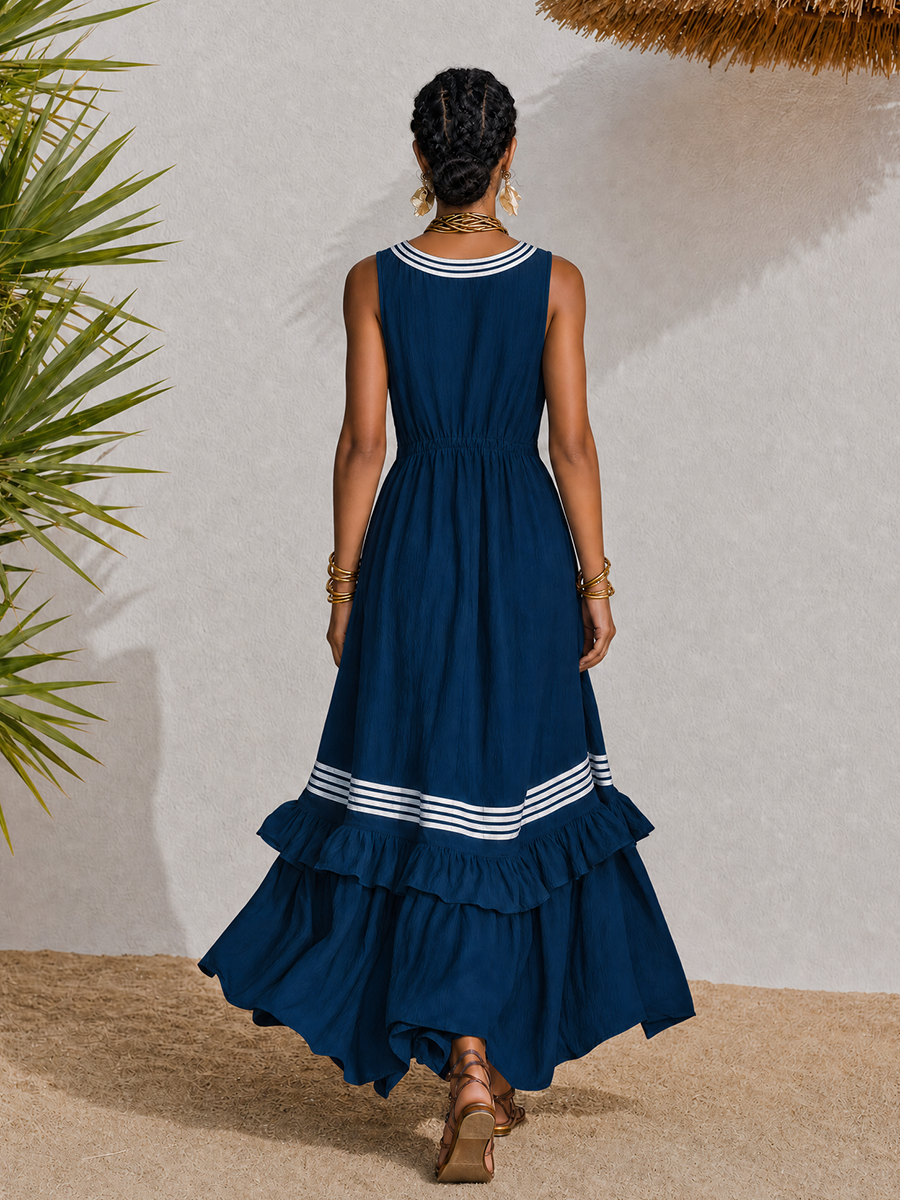 Vacation-style Retro Striped V-neck Ruffled Maxi Dress