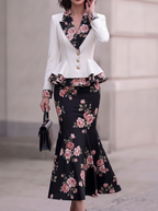 White Floral Lapel Peplum Two-Piece Set