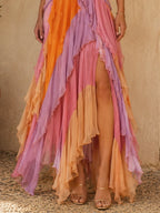 Color Block Ruffle Chiffon Slit Maxi Dress