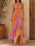 Color Block Ruffle Chiffon Slit Maxi Dress