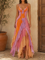 Color Block Ruffle Chiffon Slit Maxi Dress