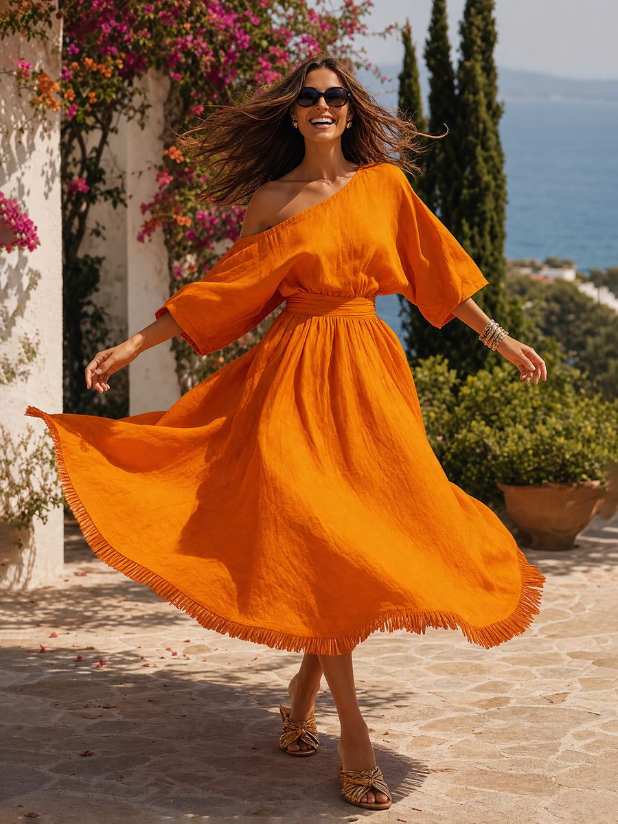 Elegant Vacation-style One-shoulder Cotton And Linen Maxi Dress