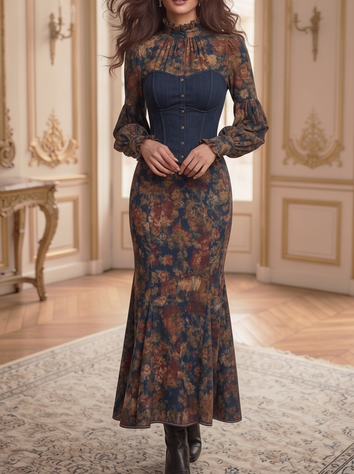 Denim Corset Floral Mermaid Dress