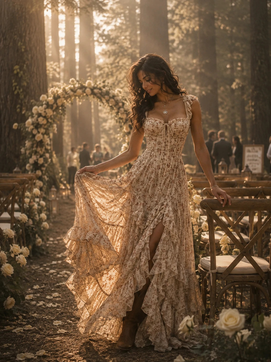 Corset Style Floral Ruffled Tiered High Slit Dress