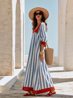 Vacation Linen-Cotton Striped Color Block Long Sleeve Maxi Dress