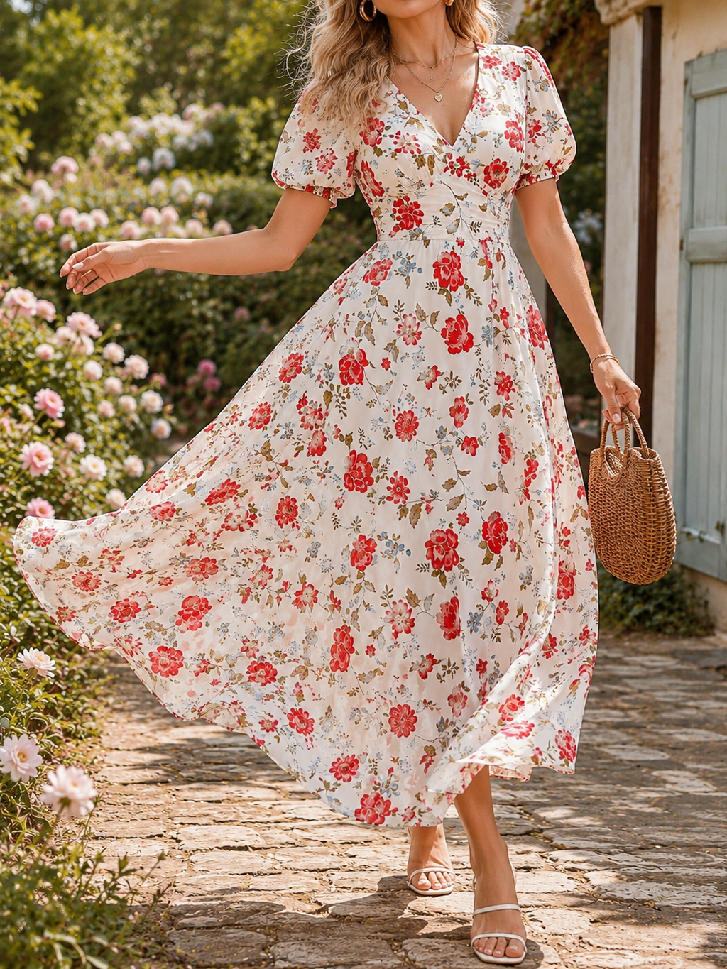 Red Floral V-Neck Puff Sleeve Maxi Dress