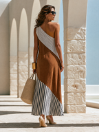 Minimalist Summer Asymmetrical One-Shoulder Colorblock Linen Blend Maxi Dress