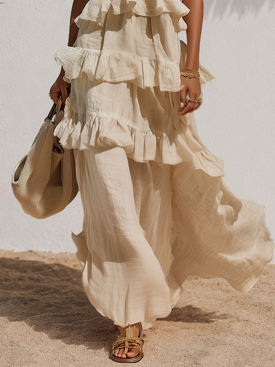 Relaxed Minimalist Solid Color Ruffled Cotton Linen Camisole Dress