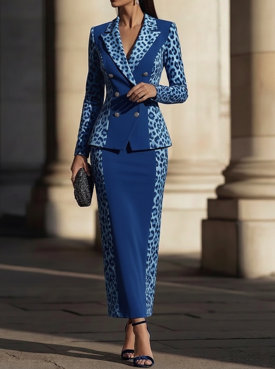 Blue Leopard Print Double-Breasted Skirt Set