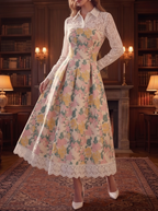 Cream Floral Lace Collar Midi Dress