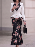 White Floral Lapel Peplum Two-Piece Set