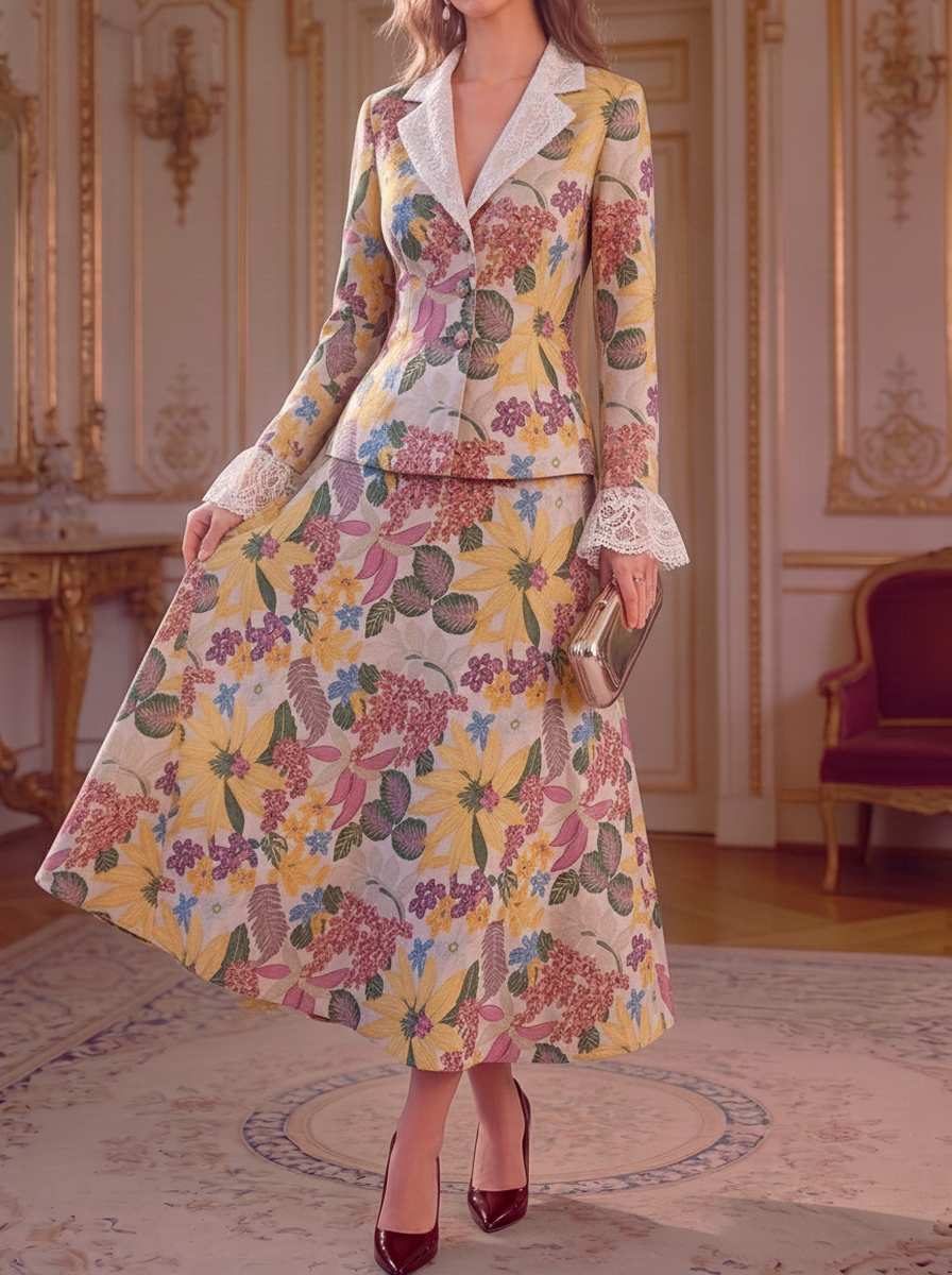 Yellow Floral Lace Peplum Suit Set