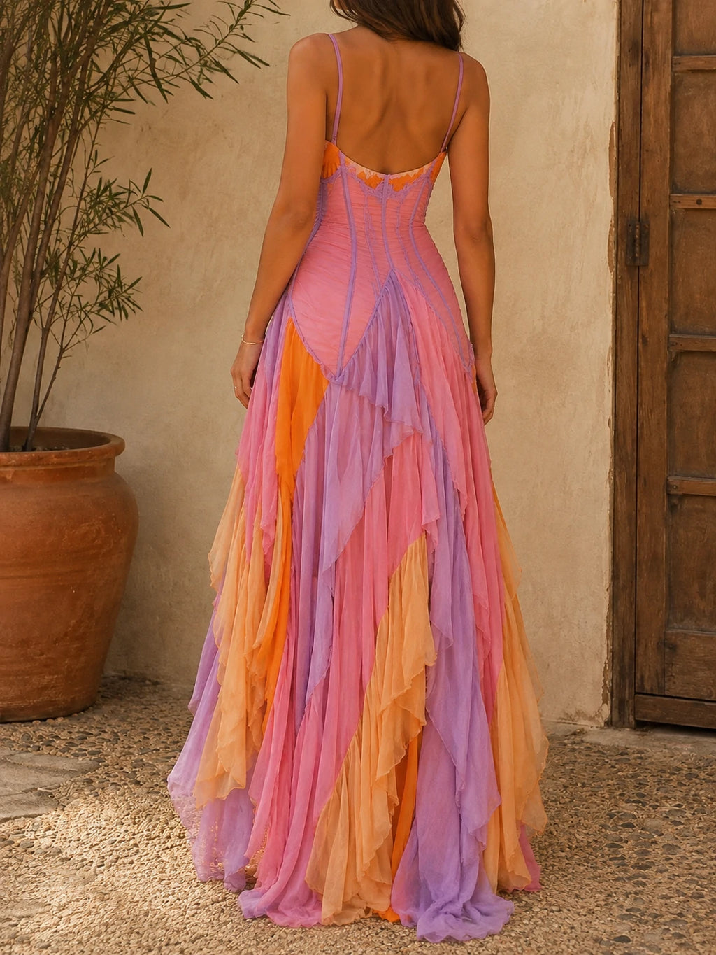 Color Block Ruffle Chiffon Slit Maxi Dress