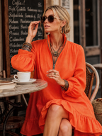 Vibrant Resort Orange Cotton Linen Long Sleeve Half-Zip Stand Collar Ruffled Hem Mini Dress