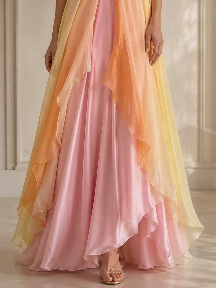 Pastel Ombre Layered Chiffon Maxi Dress
