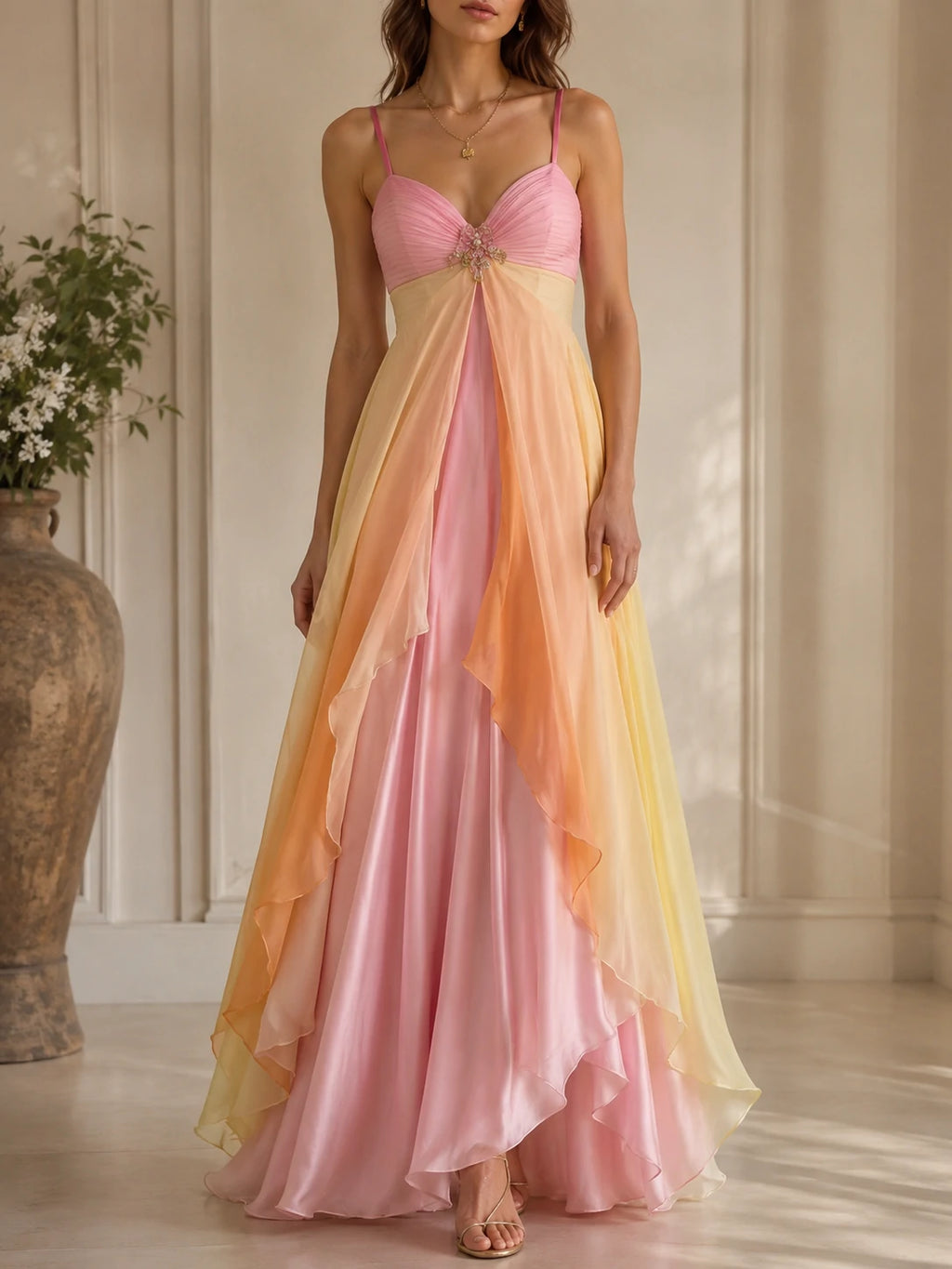 Pastel Ombre Layered Chiffon Maxi Dress