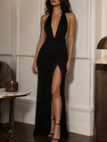 Deep V-Neck Halter Backless Maxi Dress