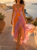Color Block Ruffle Chiffon Slit Maxi Dress