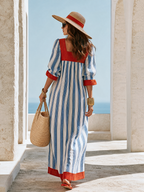 Vacation Linen-Cotton Striped Color Block Long Sleeve Maxi Dress