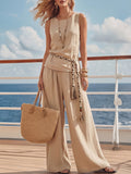 Mediterranean Coast Style Beige Sleeveless Top And Wide-Leg Pants Set