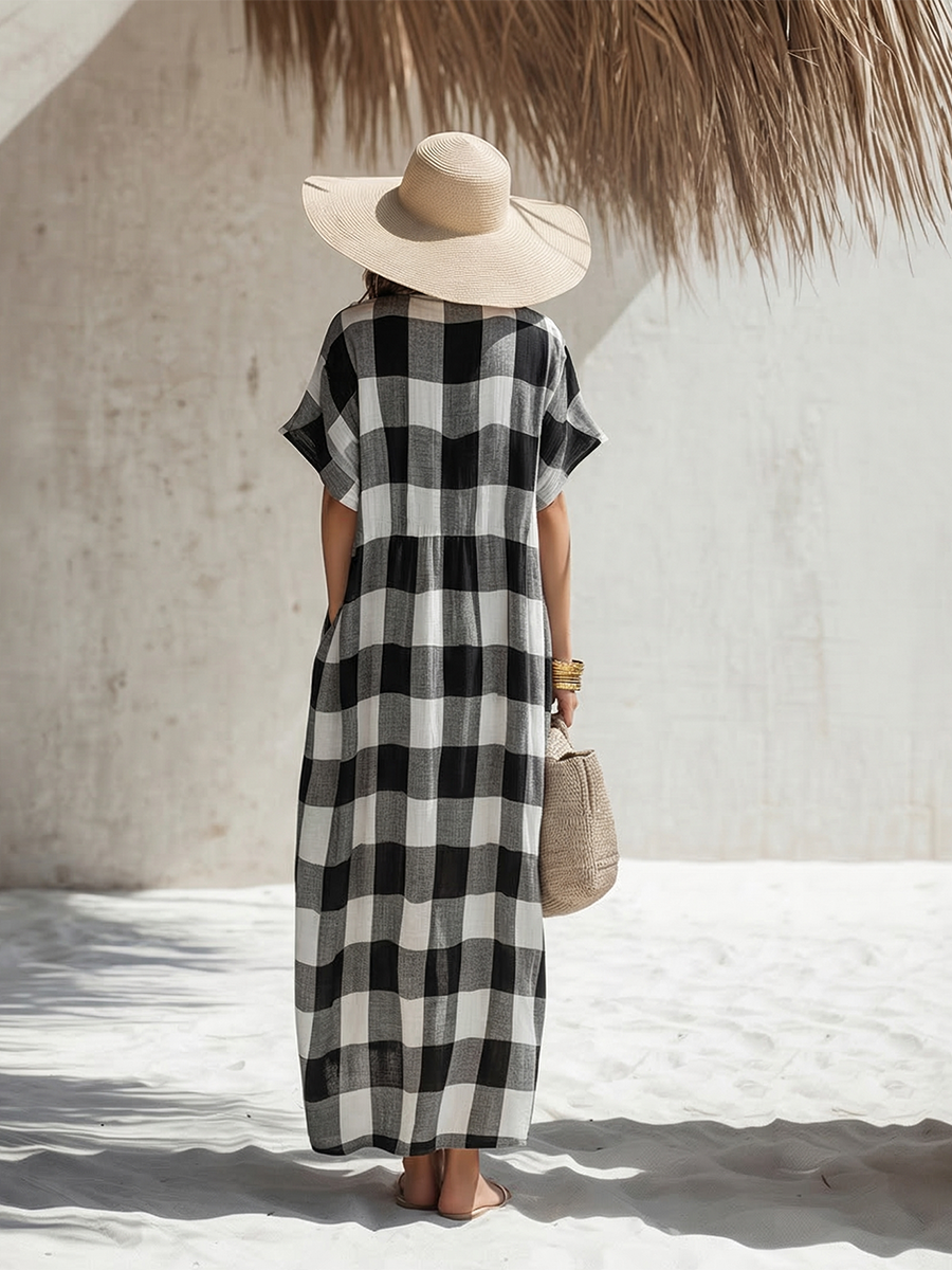 Simple Casual Short-Sleeve Black White Plaid Cotton-Linen Maxi Dress