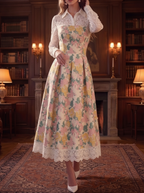 Cream Floral Lace Collar Midi Dress