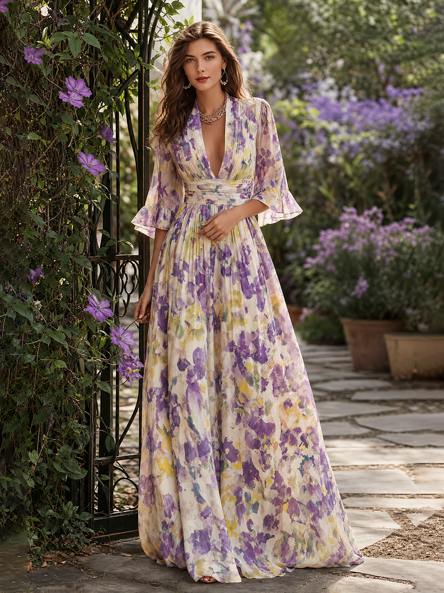 Elegant V-neck Flared Sleeves Floral Print Chiffon Maxi Dress
