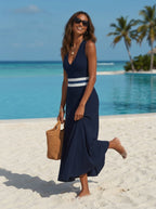 Nautical Resort Navy Rib Knit Striped Waistband Midi Dress