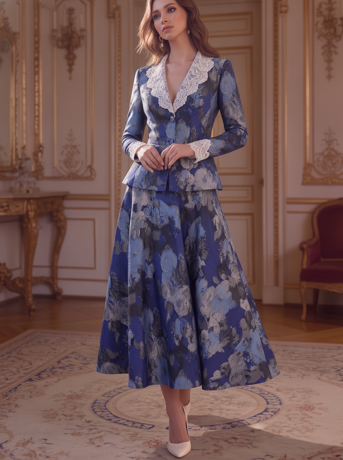 Blue Floral Lace Peplum Suit Set