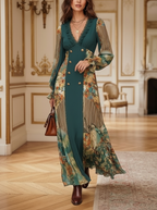Teal Floral Double-Breasted Maxi Dress