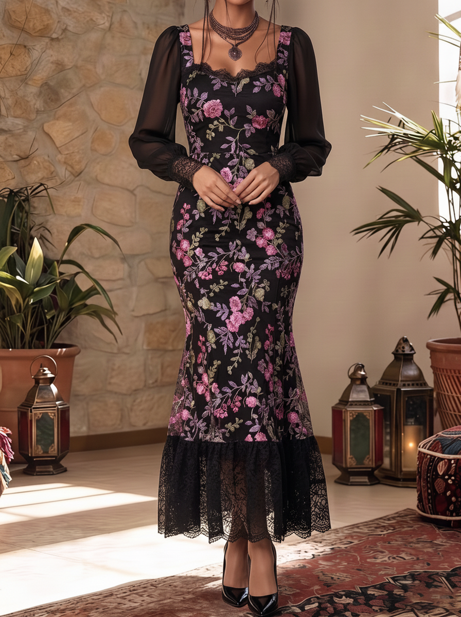 Black Floral Sheer Sleeve Mermaid Dress