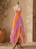 Color Block Ruffle Chiffon Slit Maxi Dress