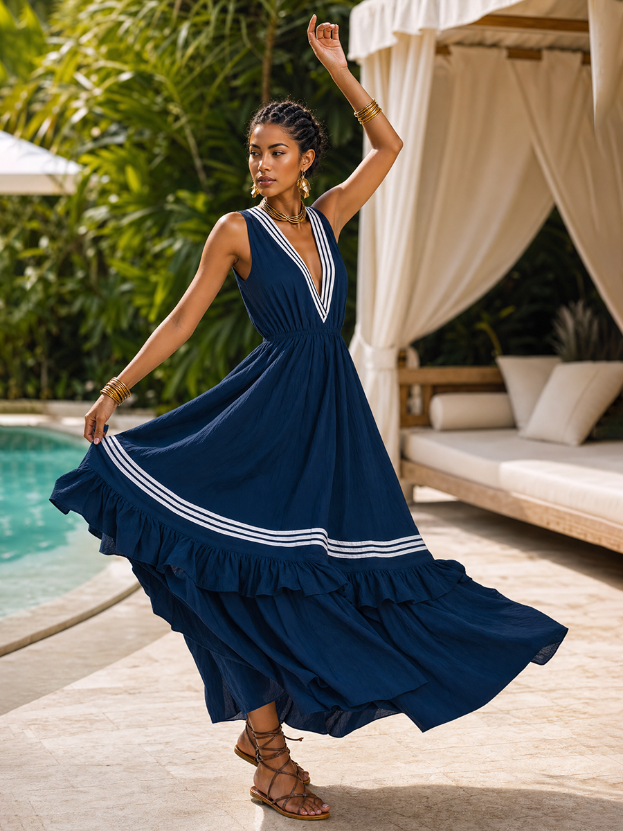 Vacation-style Retro Striped V-neck Ruffled Maxi Dress