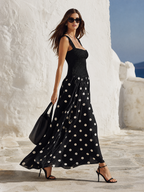 Coastal Chic Polka-Dot Sleeveless Knit And Chiffon Black Maxi Dress