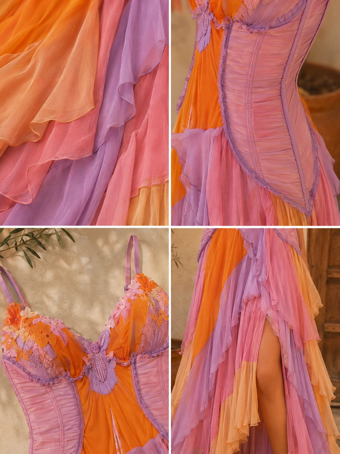 Color Block Ruffle Chiffon Slit Maxi Dress