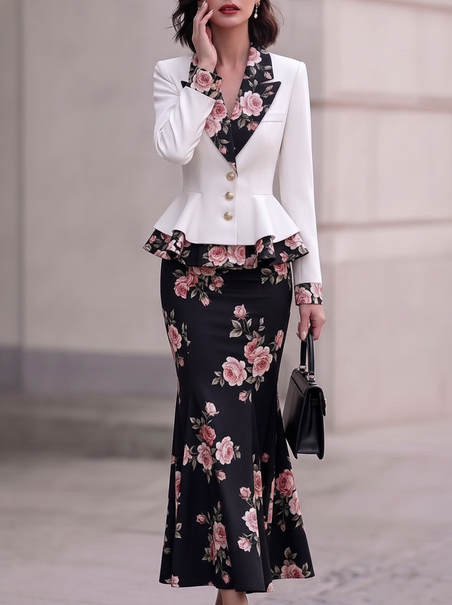 White Floral Lapel Peplum Two-Piece Set
