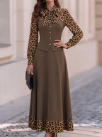 Brown Leopard Bow Pinstripe Dress