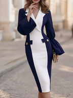 Navy White Wrap Bell Sleeve Dress